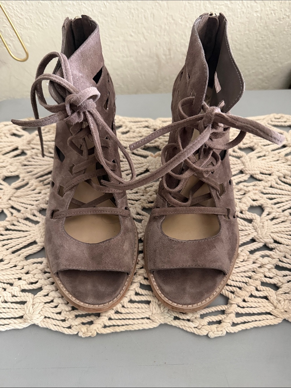 Vince Camuto Lace-Up Suede Open-Toe Sandals in Taupe